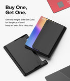 Card Holder | Side Slot - Two black Ringke adhesive card holders, one holding a colorful card, on a white background.