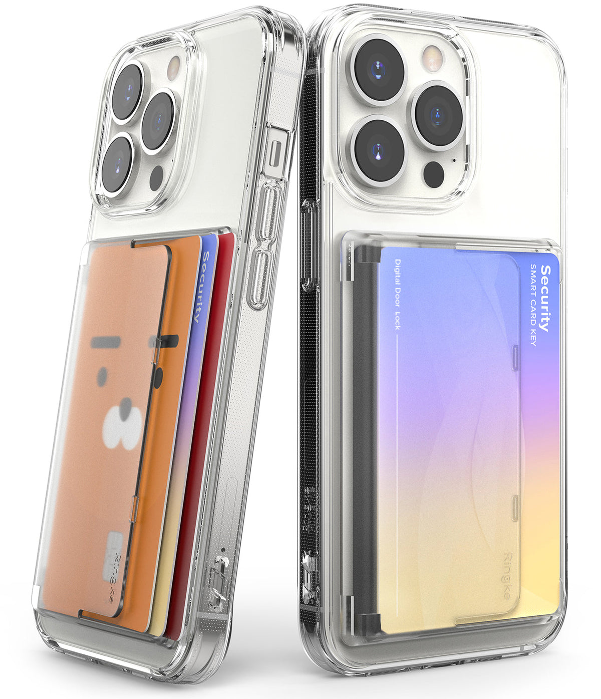 Card Holder | Side Slot - Two clear phone cases with side-loading card slots holding colorful security and character cards.