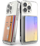 Card Holder | Side Slot - Two clear phone cases with side-loading card slots holding colorful, character-themed smart cards.