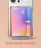 Card Holder | Side Slot - A clear phone case with a side-loading card slot showing a gradient card being pushed out by an arrow.