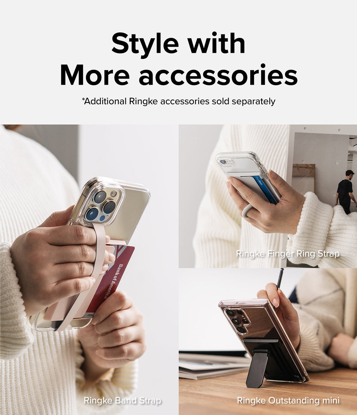 Card Holder | Side Slot - Three photos showing a phone with a card holder paired with a band strap, finger ring, and kickstand.