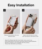 Card Holder | Side Slot - Two-step installation guide showing adhesive film removal and attachment to the back of a smartphone.