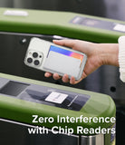 Card Holder | Side Slot - Hand holding a phone with a card holder over a subway turnstile contactless reader.