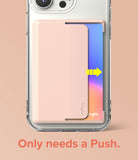 Card Holder | Side Slot - A light pink card holder on a clear phone case with a yellow arrow showing a card sliding out.