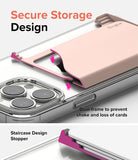 Card Holder | Side Slot - Pink card holder on a clear phone case with a dual-frame design and staircase stopper for security.