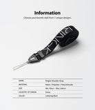 Shoulder Strap | Lettering - Black nylon strap with white lettering, plastic hardware, and a thin loop connector on a white background.