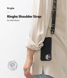 Shoulder Strap | Lettering - Person wearing a black phone case on a branded black shoulder strap with white lettering.