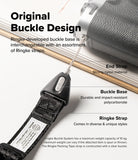 Shoulder Strap | Lettering - Diagram of a camera shoulder strap highlighting the nylon end, polycarbonate buckle, and branded fabric.