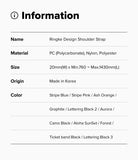 Shoulder Strap | Lettering - Information table listing product name, material, size, origin, and color options for Ringke shoulder straps.