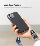 Shoulder Strap | Lettering - Hand holding a black phone case attached to a blue and yellow patterned strap with Ringke branding.