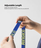 Shoulder Strap | Lettering - Hands adjusting the length of a blue strap with yellow Ringke lettering and a black buckle.