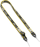 Shoulder Strap | Lettering - Black and yellow fabric strap with white "SEASON OPEN 17" and "VIP 10.02" text, featuring two attachment loops.