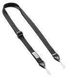 Design Shoulder Strap - A black adjustable camera strap with a textured woven nylon body, featuring a quick-release plastic buckle, a silver metal loop at each end, and a small white brand label.