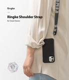 Shoulder Strap | Lettering - Person wearing a dark green Ringke shoulder strap with white lettering attached to a black phone case.