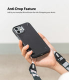 Shoulder Strap | Lettering - Hand holding a black phone case attached to a patterned shoulder strap with Ringke branding.