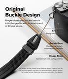 Design Shoulder Strap - A close-up product diagram of a black webbing buckle strap with labeled callouts reading 'Original Buckle Design,' 'End Strap,' 'Buckle Base,' and 'Ringke Strap,' shown over a white background with part of a camera visible at the upper right.