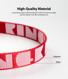 Shoulder Strap | Lettering - Red and white woven nylon and polyester strap with bold lettering and material labels.