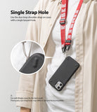 Shoulder Strap | Lettering - Person wearing a red branded shoulder strap attached to a black phone case via a single loop.