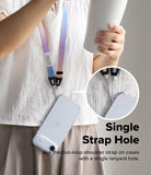 Shoulder Slim Strap - A person wearing a colorful gradient lanyard attached to a phone case with a single lanyard hole.