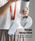 Shoulder Slim Strap - Person wearing an orange lanyard attached to a phone case with a single loop, shown in a close-up.