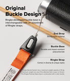Shoulder Slim Strap - Diagram showing a camera strap with a nylon end, a black buckle base, and an orange fabric strap.
