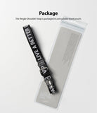 Shoulder Strap | Lettering - Black strap with white "LIVE A BETTER DAY" text next to its recyclable plastic packaging.
