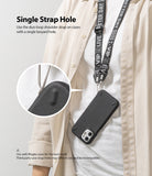 Shoulder Strap | Lettering - A black phone case with a branded shoulder strap attached to a single lanyard hole via a duo-loop.