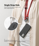 Shoulder Strap | Lettering - Person wearing a red branded shoulder strap attached to a black phone case via a single loop.