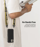 Shoulder Strap | Lettering - Person wearing a black and yellow branded shoulder strap attached to a smartphone case.