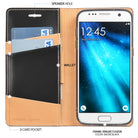 Galaxy S7 Case | Signature - Open wallet case with card slots and a Galaxy S7 phone in a smoke black frame.
