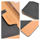 Galaxy S7 Case | Signature - Close-up of tan leather and black wallet case with embossed Ringke branding and stitching.