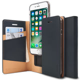 iPhone 8 / 7 Case | Signature - Navy blue leather wallet case for iPhone with card slots and an open display screen.