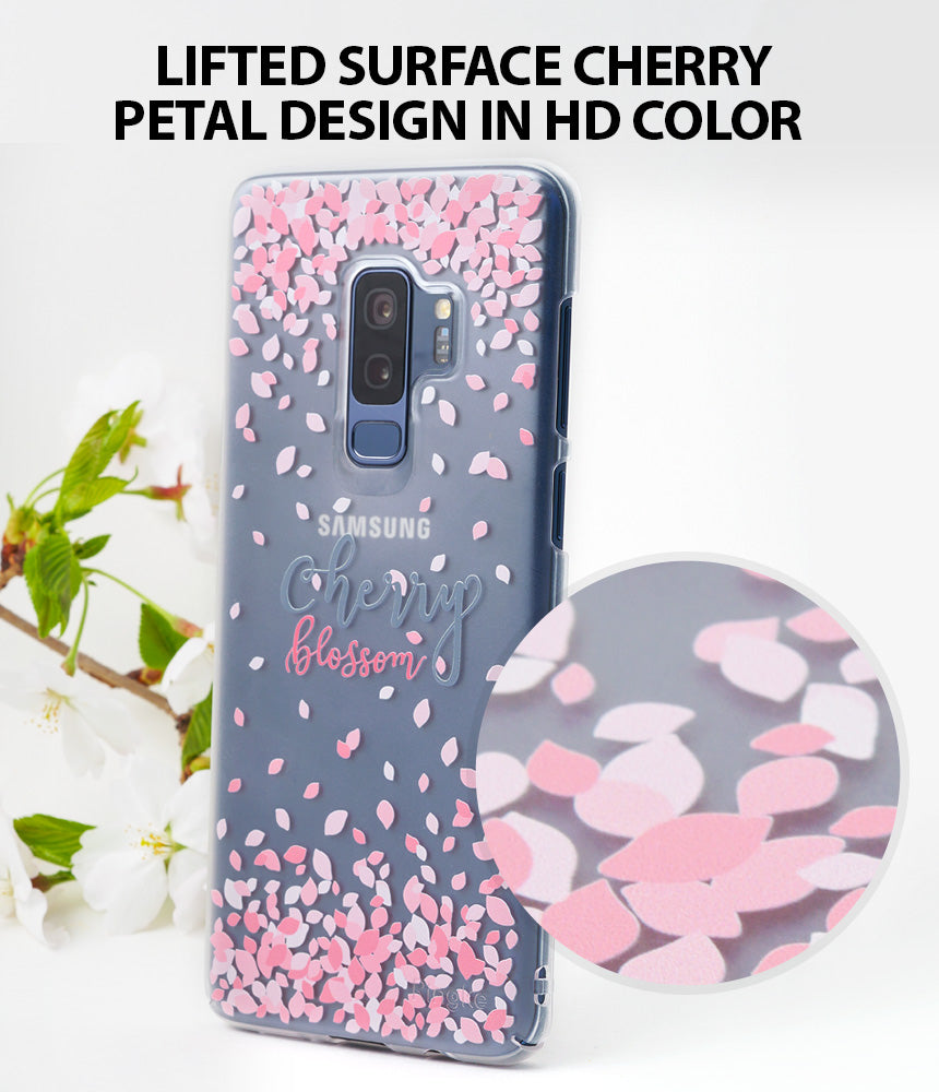 Galaxy S9 Case | Slim (Cherry Blossom) - Clear phone case with pink cherry blossom petals and text on a Galaxy S9.