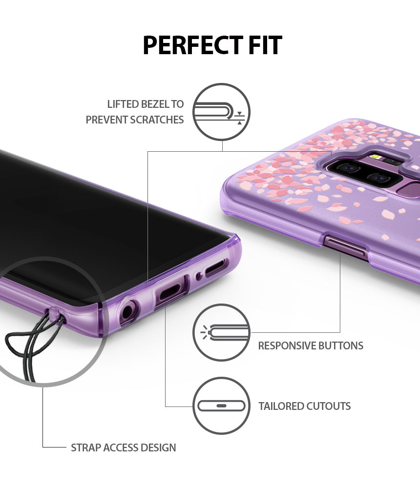 Galaxy S9 Case | Slim (Cherry Blossom) - Diagram highlighting case features like lifted bezels, buttons, and strap access.