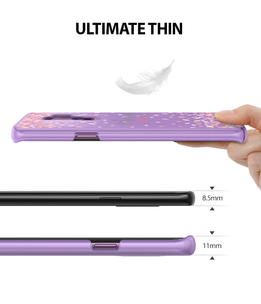 Galaxy S9 Case | Slim (Cherry Blossom) - A hand holds a thin purple cherry blossom phone case above a 8.5mm phone and 11mm cased phone.