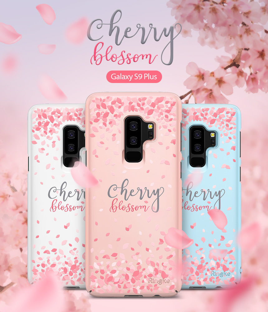 Galaxy S9 Plus Case | Slim (Cherry Blossom) - Three phone cases in white, pink, and blue with cherry blossom patterns.