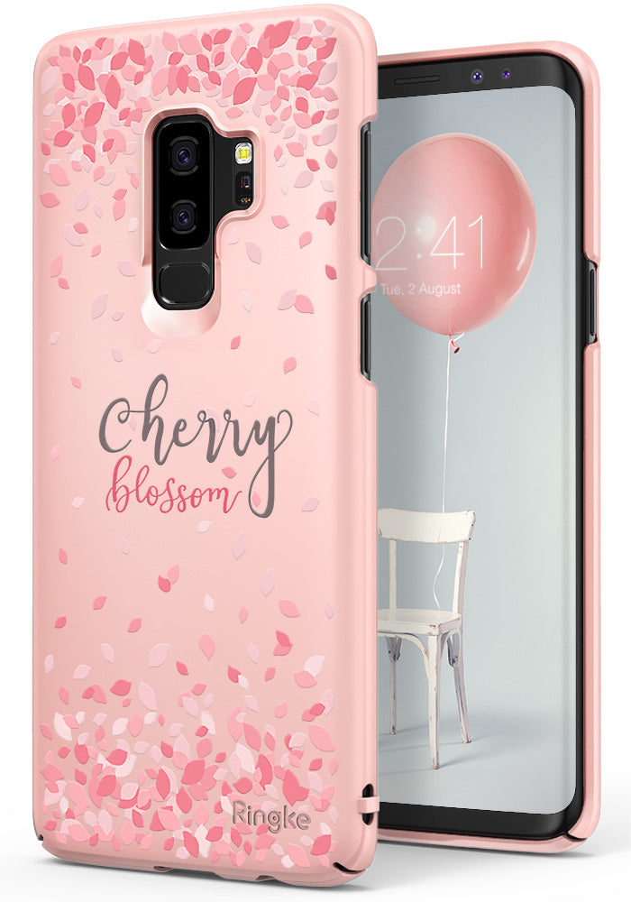 Galaxy S9 Plus Case | Slim (Cherry Blossom) - Pink phone case with cherry blossom petals and text on a Galaxy S9 Plus.