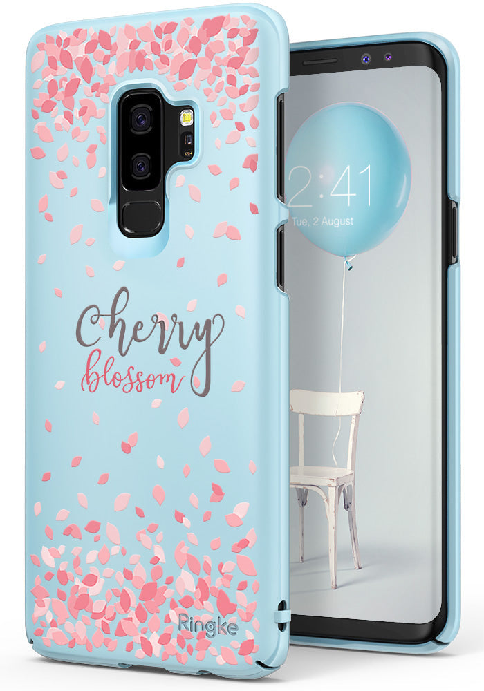 Galaxy S9 Plus Case | Slim (Cherry Blossom) - Light blue phone case with pink cherry blossom petals and text.