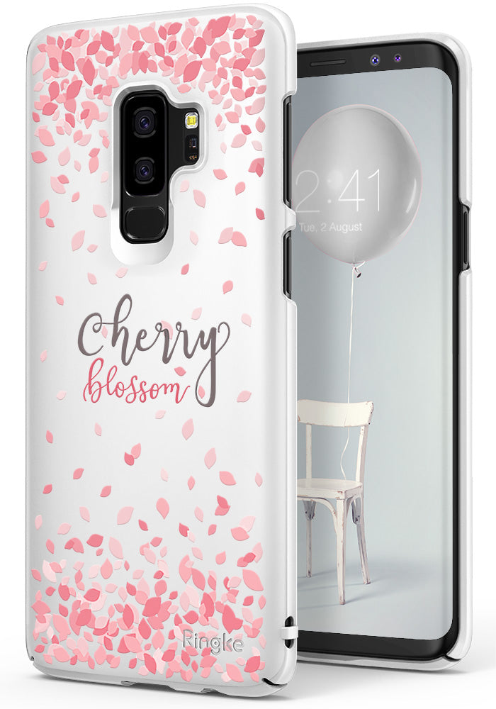 Galaxy S9 Plus Case | Slim (Cherry Blossom) - White phone case with pink cherry blossom petals and cursive text.