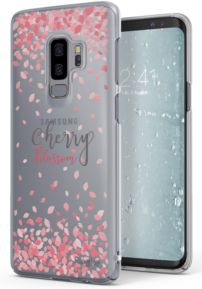 Galaxy S9 Plus Case | Slim (Cherry Blossom) - Clear phone case with pink cherry blossom petals and script text.