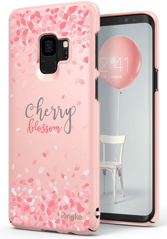 Galaxy S9 Case | Slim (Cherry Blossom) - Pink phone case with scattered cherry blossom petals and cursive text.