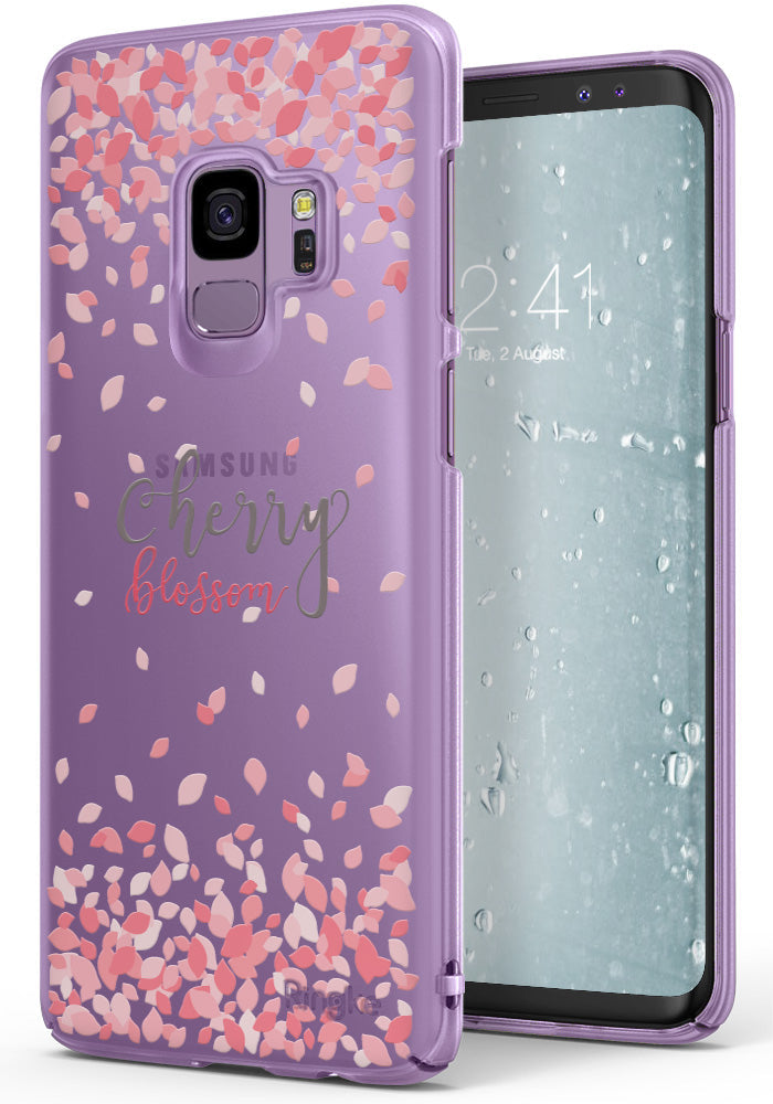 Galaxy S9 Case | Slim (Cherry Blossom) - Purple phone case with pink cherry blossom petals and text on the back.