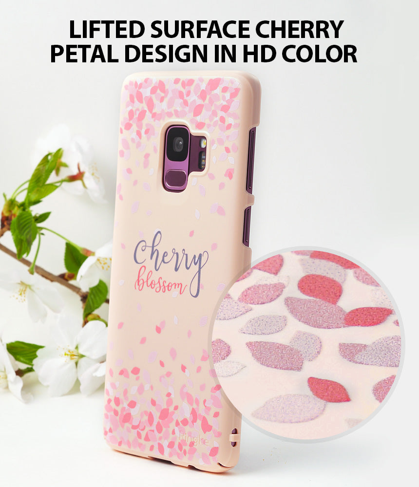 Galaxy S9 Case | Slim (Cherry Blossom) - Peach phone case with pink cherry blossom petals and text, featuring a zoomed-in view of the textured design.