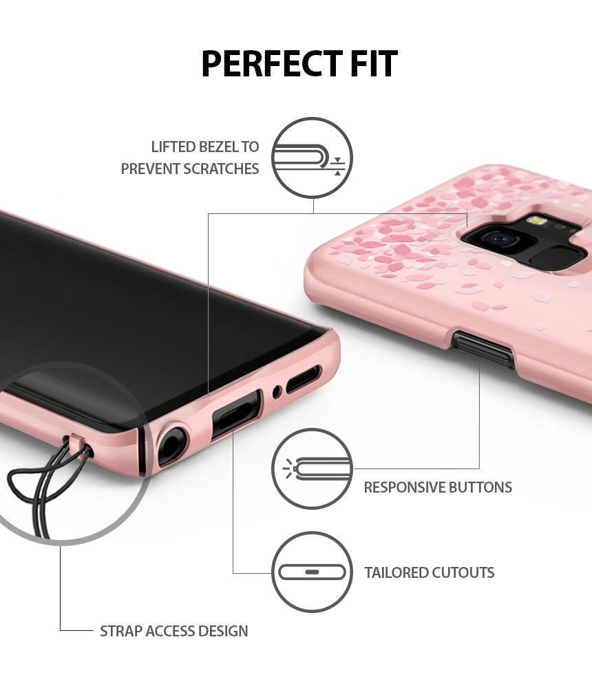 Galaxy S9 Case | Slim (Cherry Blossom) - Pink phone case with cherry blossom pattern, highlighting bezel, buttons, and strap.