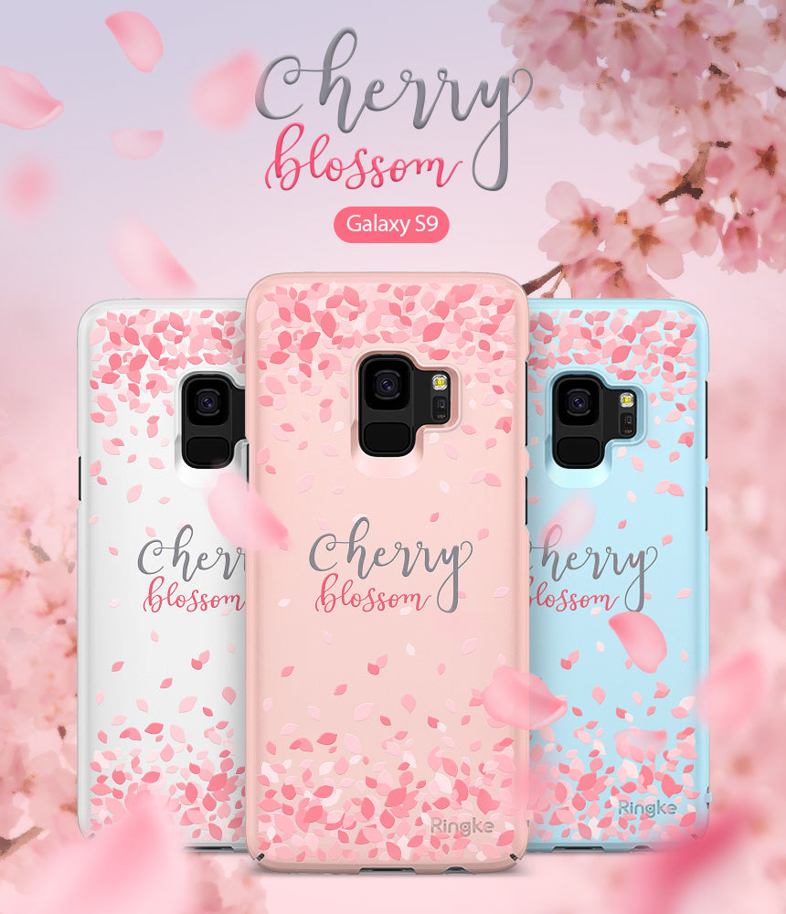 Galaxy S9 Case | Slim (Cherry Blossom) - Three Galaxy S9 cases in white, pink, and blue with cherry blossom petal patterns.