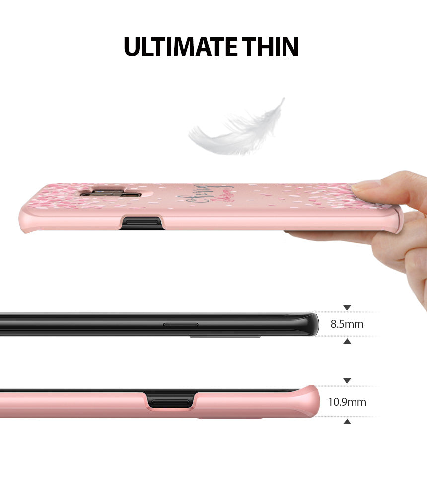 Galaxy S9 Plus Case | Slim (Cherry Blossom) - Hand holding a thin pink cherry blossom phone case above thickness measurements.