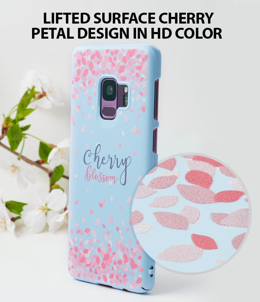 Galaxy S9 Plus Case | Slim (Cherry Blossom) - Light blue phone case with pink cherry blossom petals and text.
