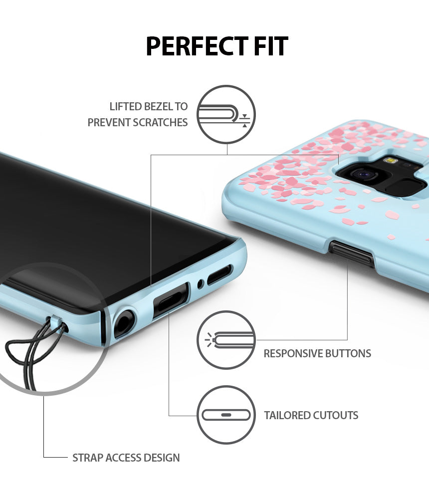 Galaxy S9 Case | Slim (Cherry Blossom) - Diagram showing phone case features: lifted bezel, responsive buttons, cutouts, and strap access.