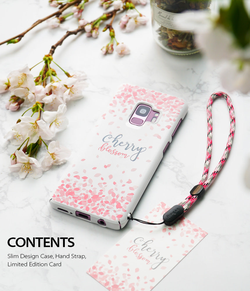 Galaxy S9 Plus Case | Slim (Cherry Blossom) - White phone case with pink cherry blossom petals, hand strap, and card.