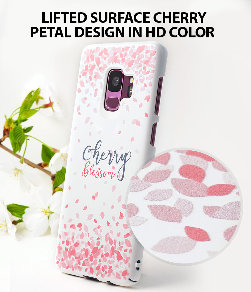 Galaxy S9 Plus Case | Slim (Cherry Blossom) - White phone case with pink cherry blossom petals and a zoomed-in texture view.